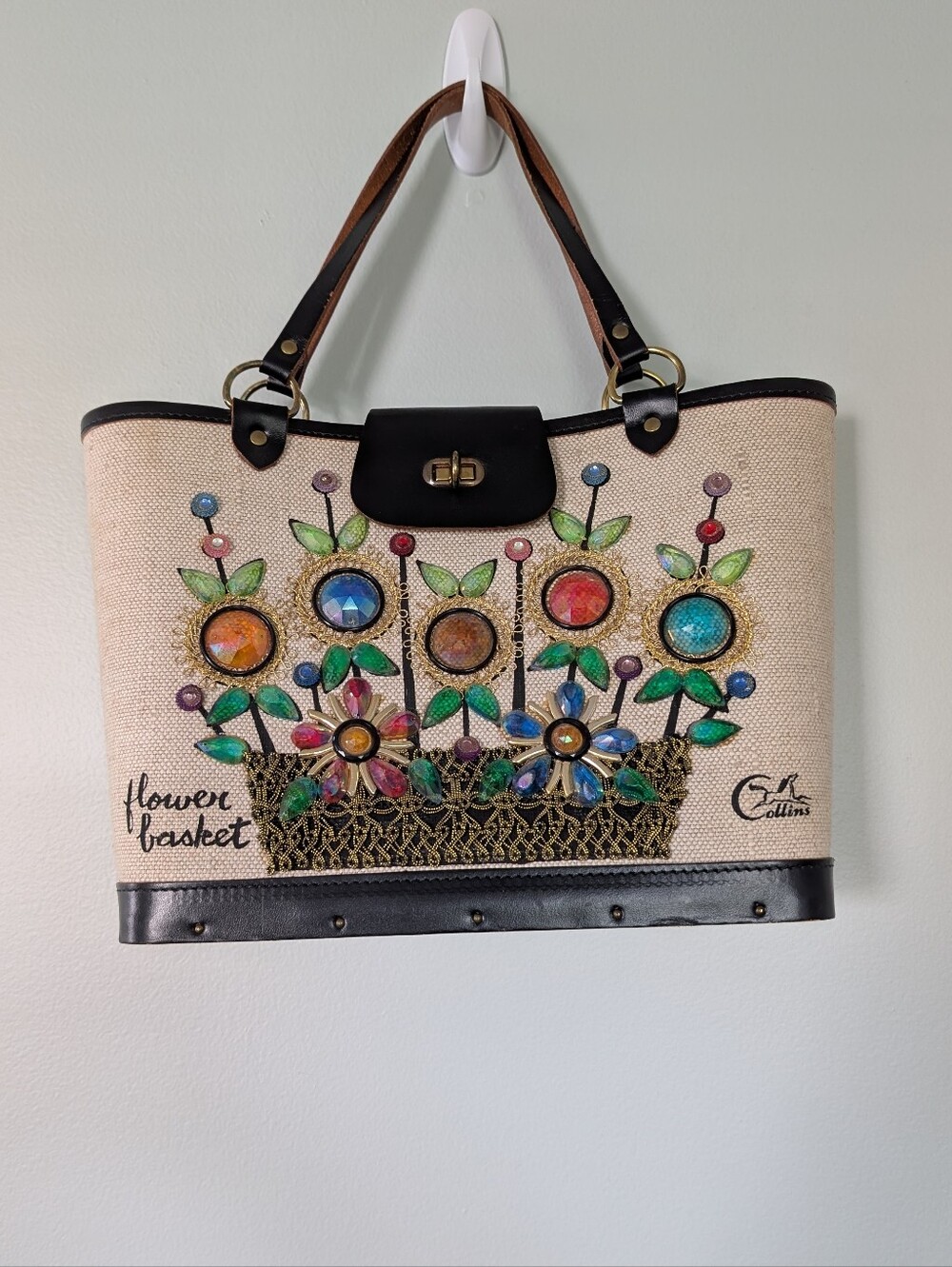 Enid Collins Flower Basket Embellished Tote - Natural with Multicolor Accents